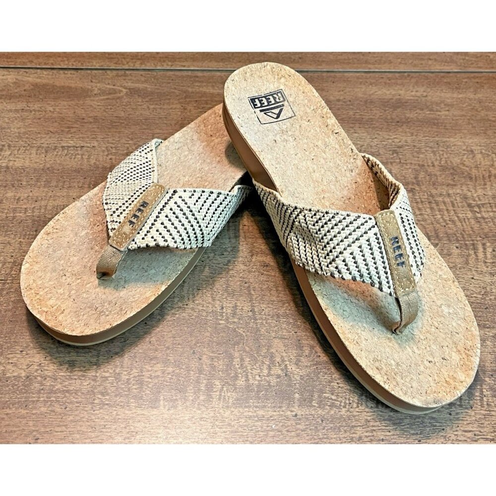 REEF Cushion Strand Flip Flops Beige Woven Fabric Women's 10 Sandals Slides Cork